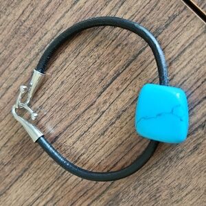 Turquentine Stone with Silver Metal Alloy and Leather Cord Bracelet